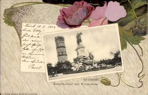 Präge Passepartout Ak Duisburg im Ruhrgebiet, Kaiserdenkmal und Wasserturm