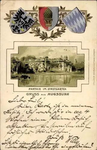 Präge Wappen Passepartout Litho Augsburg in Schwaben, im Stadtgarten