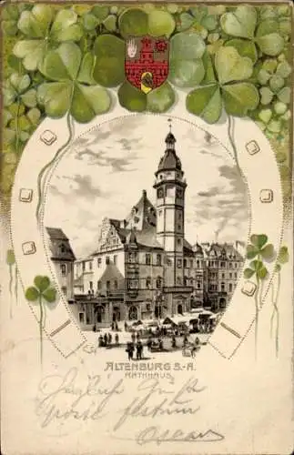 Präge Wappen Litho Altenburg in Thüringen, Rathaus, Hufeisen, Kleeblätter