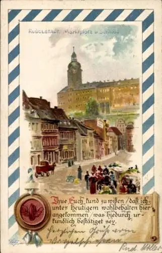 Passepartout Litho Rudolstadt in Thüringen, Marktplatz und Schloss