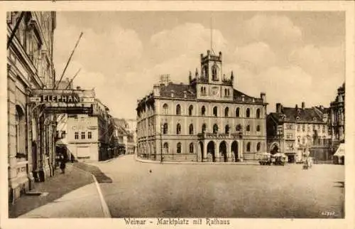 Ak Weimar in Thüringen, Marktplatz mit Rathaus und Lokal Elefant