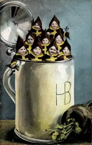 Künstler Ak Viele Münchner Kindl in einem Bierkrug, Radi