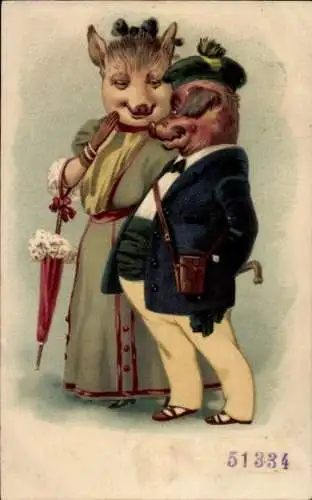 Litho Vermenschlichte Schweine, Schweine in eleganter Kleidung