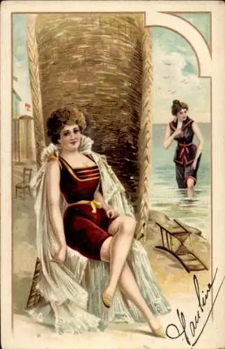 Litho Frauen im Badeanzug, Strandkorb