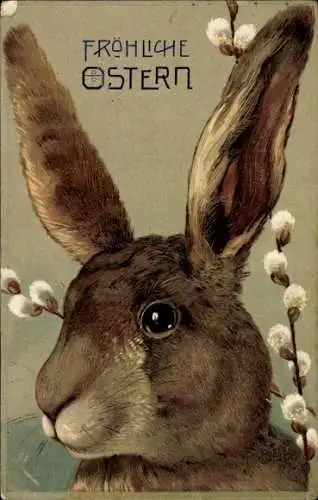 Litho Fröhliche Ostern, Osterhase, Weidenkätzchen