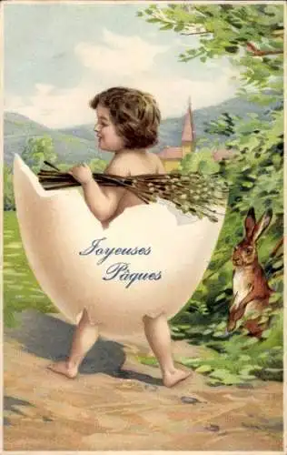 Präge Ak Glückwunsch Ostern, Kind in Ostereierschale, Weidenkätzchen, Osterhase