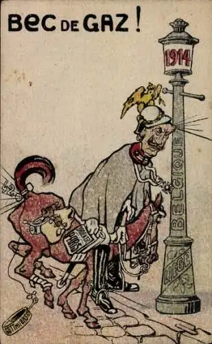 Künstler Ak Kaiser Wilhelm auf dem Weg nach Paris stößt sich an Laterne Belgien 1914