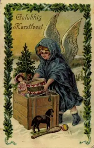 Litho Frohe Weihnachten, Engel, Geschenke