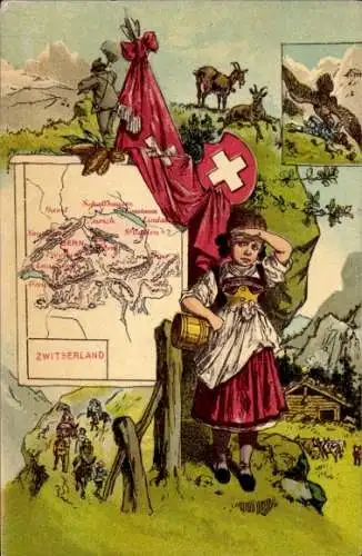 Litho Schweiz, Mädchen in Tracht, Fahne