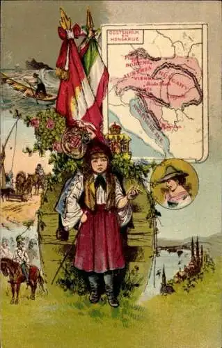 Künstler Ak Österreich / Ungarn, Landkarten, Trachten, Reiter