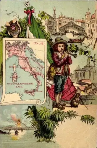 Künstler Ak Landkarte Italien, Fahne, Vulkan Ätna