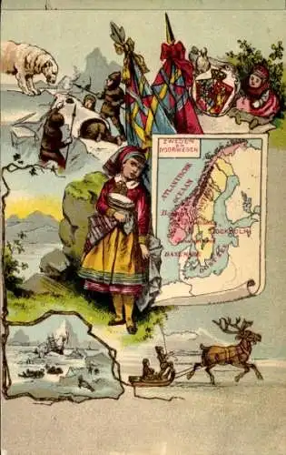 Litho Schweden, Norwegen, Volkstrachten, Rentiere