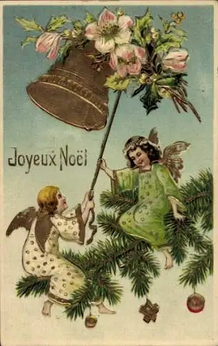 Ak Weihnachten , Glocke, Tannenzweig, Engel