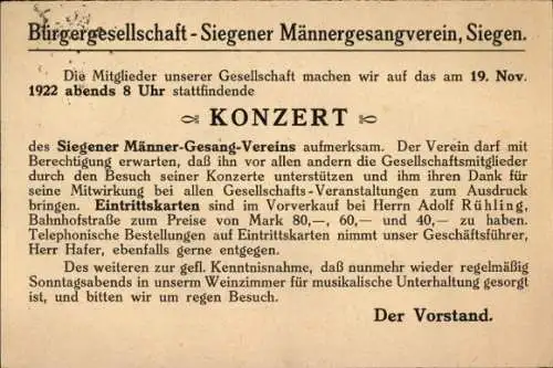 Ak Siegen in Westfalen, Konzert des Siegener Männer-Gesang-Verein 1922, Anzeige