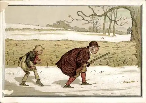 Künstler Ak Jagdszene, Schleichende Jäger und Kind, Jagd