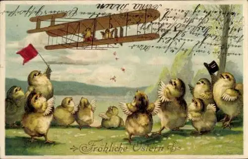 Präge Litho Glückwunsch Ostern, Küken winken Flugzeug