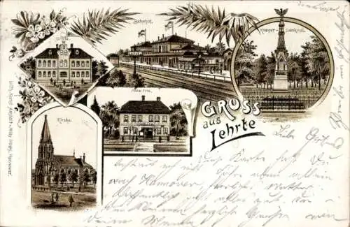 Litho Lehrte in Niedersachsen, Bahnhof, Krieger Denkmal, Hotel Frie, Kirche