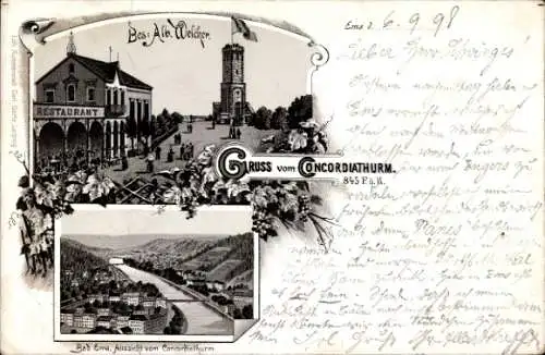 Litho Bad Ems an der Lahn, Concordiaturm, Restaurant, Blick auf den Ort