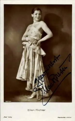 Ak Schauspielerin Ellen Richter, Portrait, Kleid, Autogramm