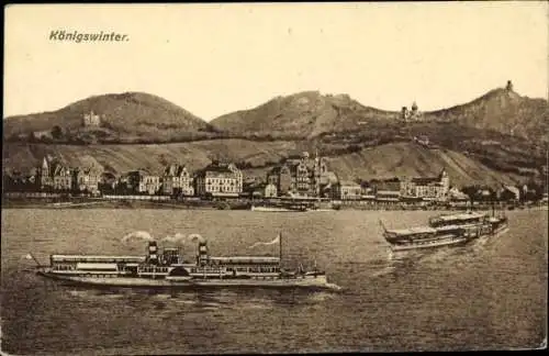 Ak Königswinter am Rhein, Drachenfels, Blick auf Königswinter mit Rhein und Schiffen