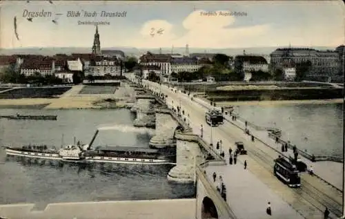 Ak Dresden Altstadt, Neustadt, Dreikönigskirche, Friedrich August Brücke, Straßenbahn