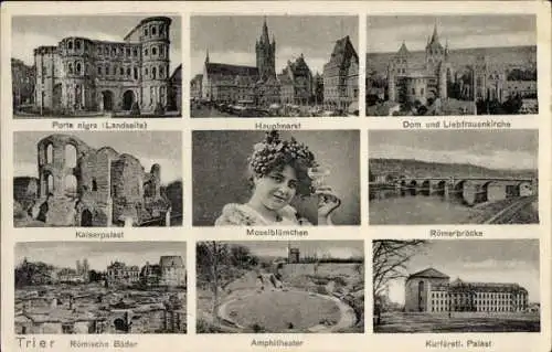 Ak Trier an der Mosel, Porta Nigra Landseite, Hauptmarkt, Dom, Liebfrauenkirche, Römerbrücke