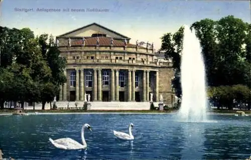 Ak Stuttgart in Württemberg Anlagensee, Neues Hoftheater, Fontäne, Schwäne