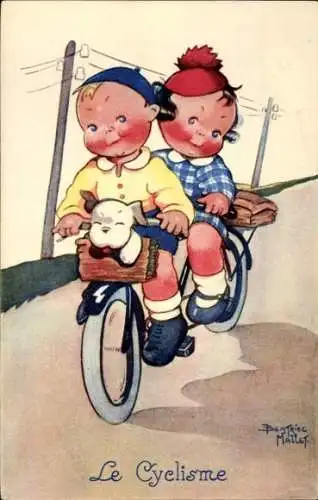 Künstler Ak Mallet, Beatrice, Le Cyclisme, Junge, Mädchen, Fahrrad, Tandem, Hund