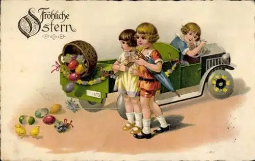 Ak Glückwunsch Ostern, Ostereier, Küken, Kinder, Auto