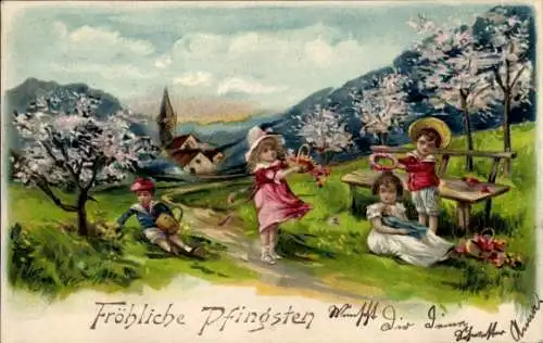 Litho Kinder spielen auf der Wiese, Bäume, Holzbank, Blumen