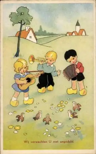 Ak Musizierende Kinder, Vögel, Gitarre, Trompete