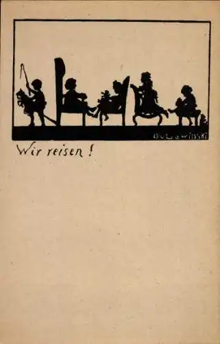 Scherenschnitt Künstler Ak Wir reisen, Kinder, Spielzeuge