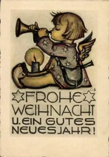 Künstler Ak Hummel, Glückwunsch Weihnachten und Neujahr, Engel mit Fanfare, Nr. 4618