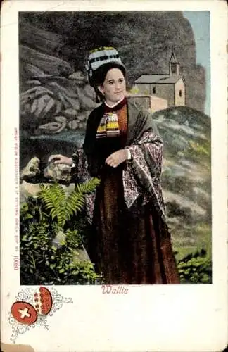 Ak Kanton Wallis, Frau in Volkstracht, Wappen, Kirche