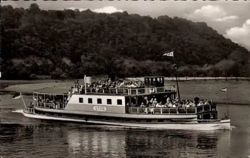 Ak Oberweser Fahrgastschifffahrt zwischen Hann. Münden und Hameln, Am Ohrberg bei Hameln,Schiff Stör