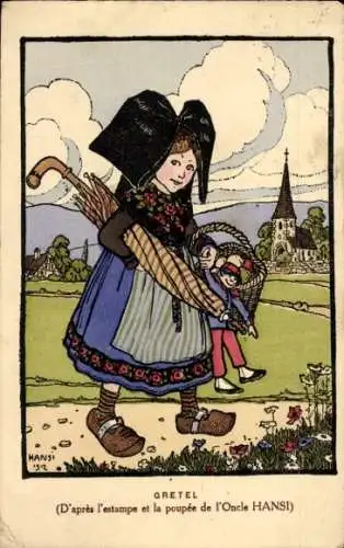 Künstler Ak Hansi, Jean Jacques Waltz, Gretel, Mädchen, Elsässer Tracht, französische Soldatenpuppe