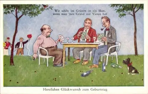 Ak Glückwunsch Geburtstag, Männer spielen Karten im Grünen