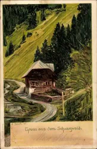 Künstler Litho Daur, H., Schwarzwald, Gruss aus dem Schwarzwald, Bauer mit Kuh