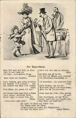 Künstler Ak Gedicht von Adolf Stoltze Der Regescherm, Herr Sali kam mit Frau...