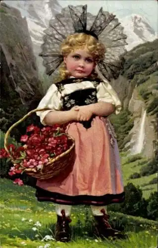 Ak Mädchen, Portrait, Kitsch, Blumenkorb, Berge, Tracht