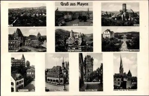 Ak Mayen in der Eifel, Gesamtansicht, Markt, Schloss, Rathaus, Schiefer Turm, Kirche