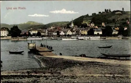 Ak Linz am Rhein, Gesamtansicht, Steg, Boote