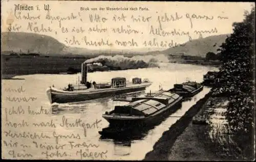 Ak Minden in Westfalen, Weserbrücke, Schiffe