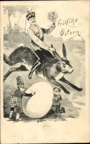 Ak Frohe Ostern, Hase springt über ein Ei, Soldat als Reiter, Zwerge