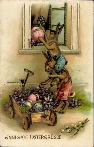 Ak Glückwunsch Ostern, Osterhasen, Karre mit Ostereiern