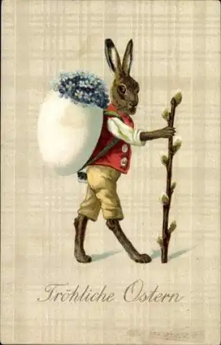 Ak Glückwunsch Ostern, Osterhase trägt Osterei mit Vergissmeinnicht, Weidenkätzchen