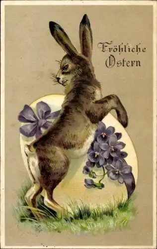 Präge Ak Osterhase mit Ei und Schleife, Fröhliche Ostern