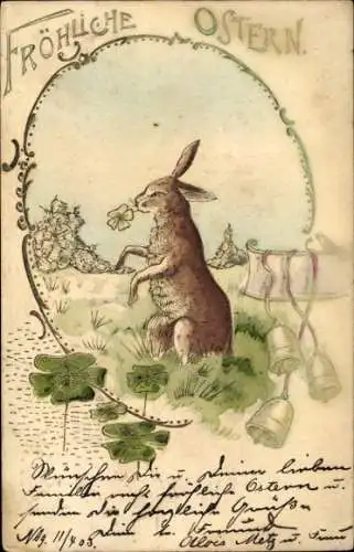 Präge Ak Ostern, Osterhase, Kleeblatt