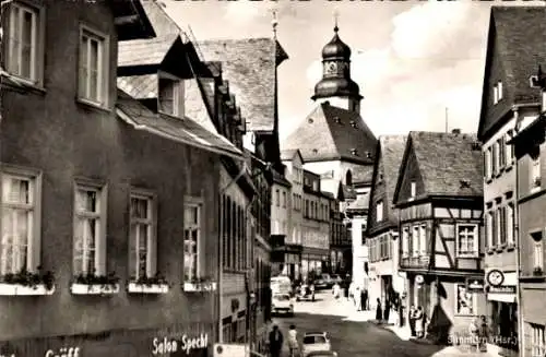 Ak Simmern im Hunsrück, Teilansicht, Salon Specht, Fachwerkhaus, Kirche