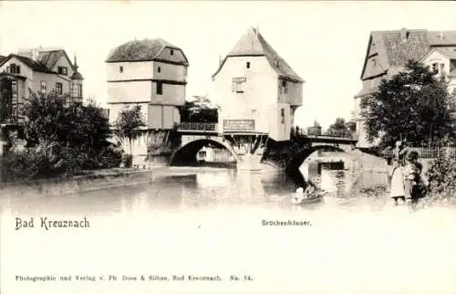 Ak Bad Kreuznach an der Nahe, Brückenhäuser, Brücke, Ruderboot